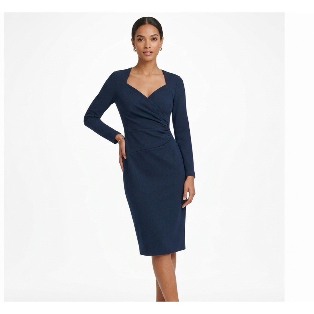 Calvin Klein Sheath Dress Size 8 Dark Blue Long Sleeve Faux Wrap Ruched Midi
